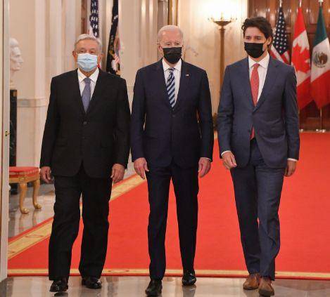 El Presidente de México, Andrés Manuel López Obrador, Joe Biden, su similar de Estados Unidos, y Justin Trudeau, Primer Ministro de Canadá.