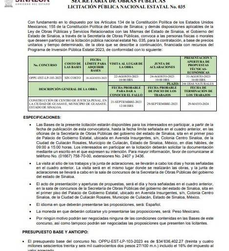 Lanzan licitación para construir Centro de Justicia Penal en Guasave