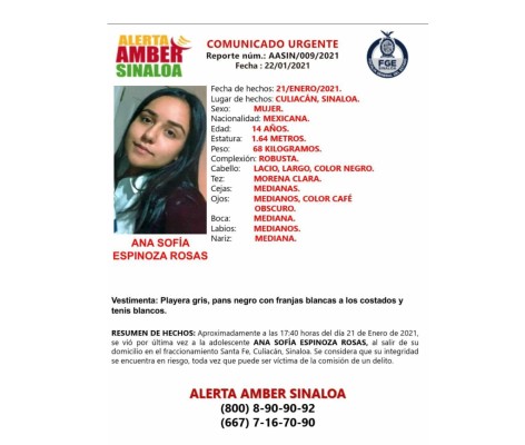 Emiten Alerta Ámber por la desaparición de Ana Sofía en Culiacán