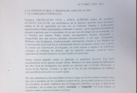 En carta, hijos de 'El Chapo' se deslindan de emboscada a militares en Culiacán