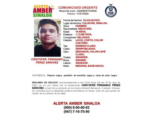 Emiten Alerta Ámber por desaparición de un menor en Culiacán