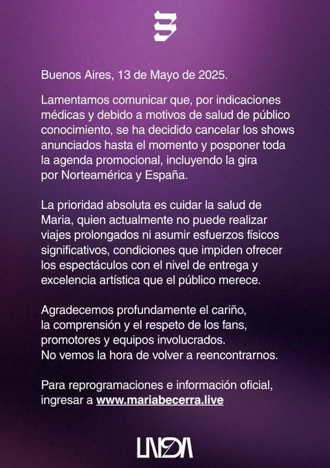 $!Cancela Maria Becerra gira tras embarazo ectópico