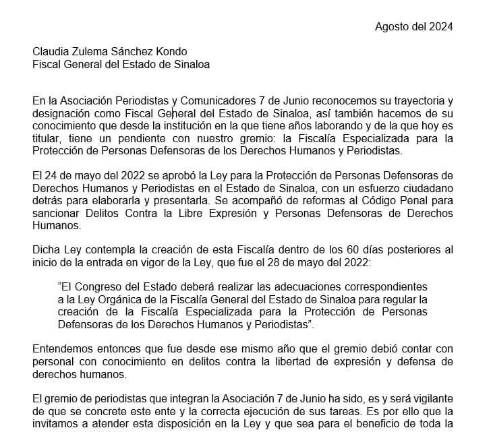 La Asociación 7 de Junio señala que la creación de una Fiscalía especializada en atención a periodistas y activistas tiene un retraso de dos años.
