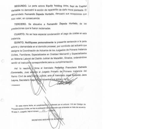 Resolución del Juzgado Primero de Primera Instancia del Ramo Civil en Mazatlán a favor del periodista Fernando Zepeda Hurtado, en la demanda que presentó en su contra por daño moral, el Grupo Arhe.