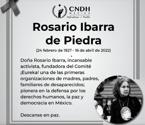Fallece Rosario Ibarra de Piedra a los 95 años.