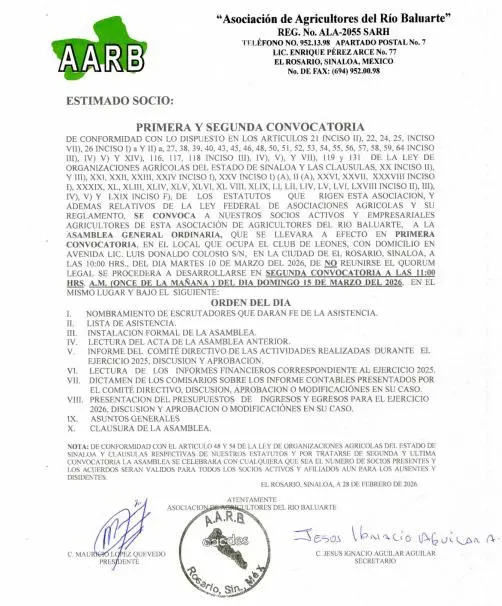 $!Agricultores del Río Baluarte convocan a primera asamblea ordinaria donde rendirán informe de labores