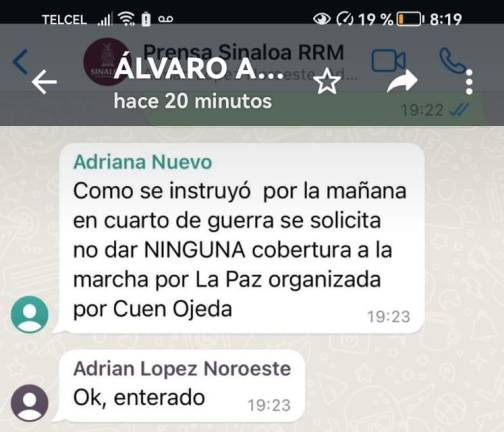 La imagen del chat donde presuntamente la Coordinación de Comunicación del Gobierno de Sinaloa ordenó a los medios no cubrir una marcha del PAS, organizada por Héctor Melesio Cuén Ojeda.