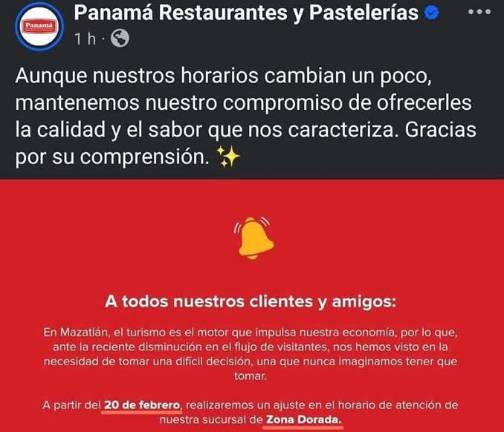 Restaurantes y Pastelería Panamá informó a través de redes sociales su decisión de ajustar el horario de atención en una sucursal de Mazatlán y tres de Culiacán.