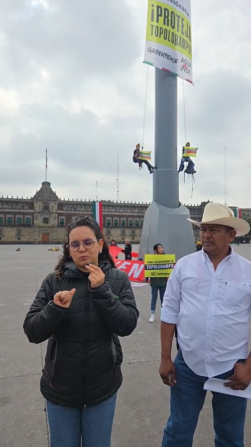 $!Greenpeace escala asta bandera del Zócalo de la CDMX por planta de amoniaco de Topolobampo