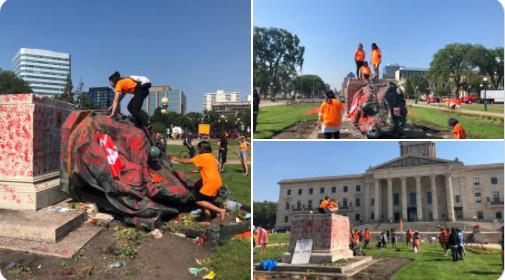 $!Queman templo y derriban estatuas por genocidio indígena en Canadá