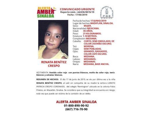 Emite Fiscalía General del Estado Alerta Amber tras la desaparición de una menor en Mazatlán