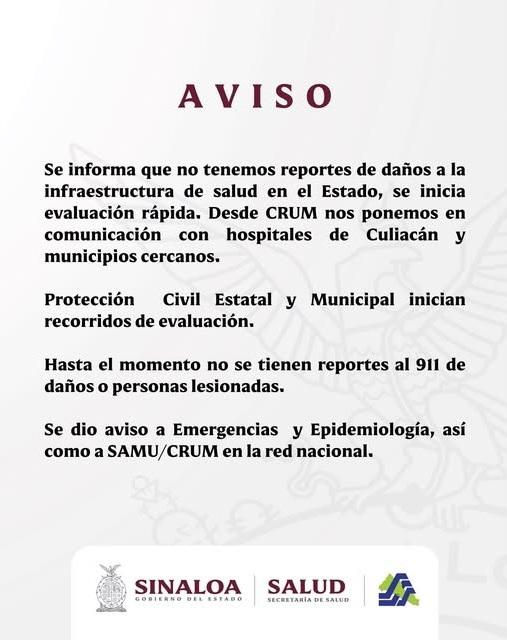 $!Sin daños en hospitales por temblor en Culiacán: Salud Sinaloa