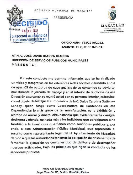 $!Tras fiesta con apología al delito, Alcalde de Mazatlán hace ‘enérgico’ extrañamiento a director de Servicios Públicos