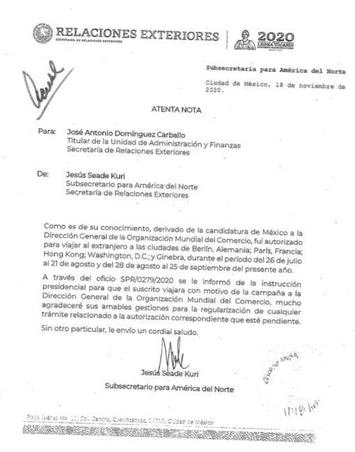 $!Nota de la SRE en la que el ex subsecretario pide la regularización de los vuelos, es parte de los documentos a los que tuvo acceso SinEmbargo que se presentaron en la denuncia contra el diplomático ante la SFP.
