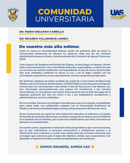 $!UAS advierte retraso en transferencia federal y riesgo en pago de la segunda quincena de enero