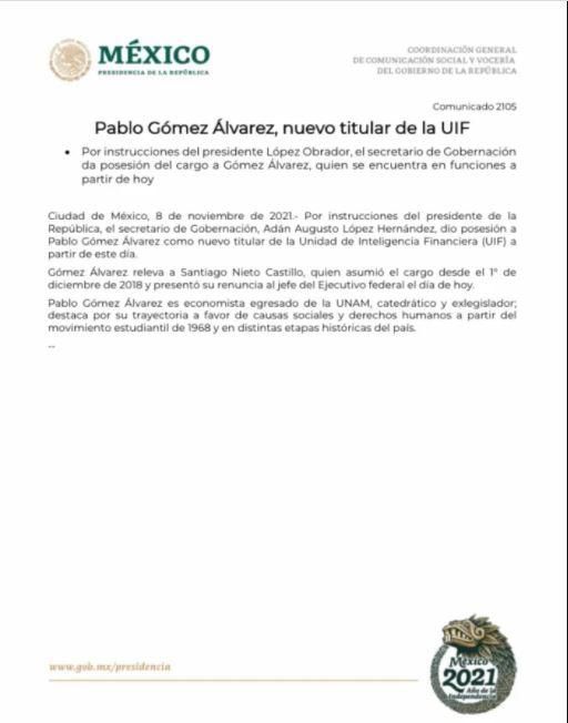 $!En un breve comunicado, la Secretaría de Gobernación (Segob) anunció el cambio en la titularidad de la UIF.