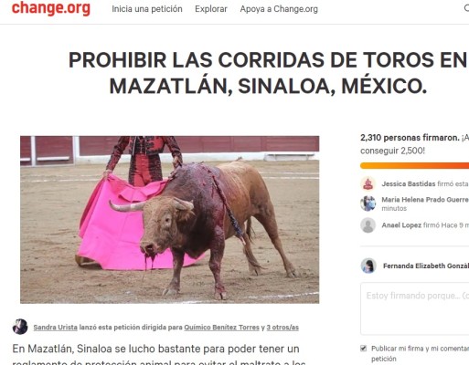 Lanzan petición en Change.org contra corrida de toros en Mazatlán