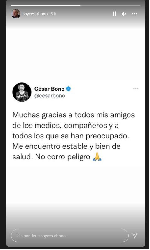 $!Hospitalizan a César Bono; reaparece en redes y afirma que está fuera de peligro