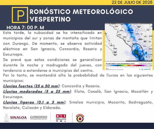 Cielo nublado y actividad eléctrica se registran la noche de este miércoles en el norte de Mazatlán.