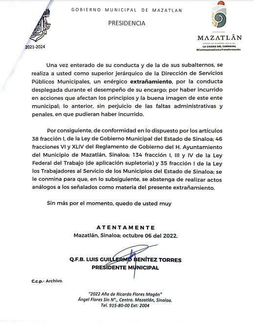 $!Tras fiesta con apología al delito, Alcalde de Mazatlán hace ‘enérgico’ extrañamiento a director de Servicios Públicos