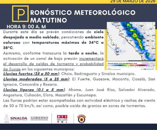 Protección Civil alertó sobre tormentas con rachas de viento y posible caída de granizo en la zona serrana de la entidad.