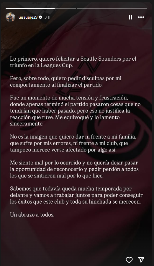 $!Luis Suárez se disculpa tras escupir a rival en la final de la Leagues Cup