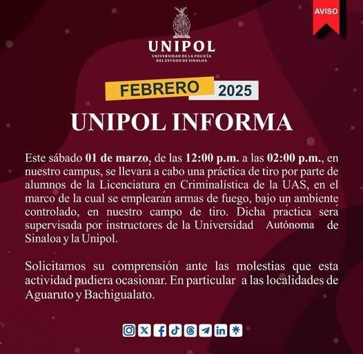 Avisa la Unipol sobre práctica de tiro en Culiacán este sábado
