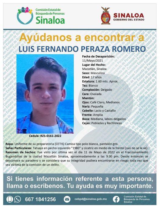 $!En Mazatlán reportan la desaparición de Luis Fernando, alumno del CETis 127