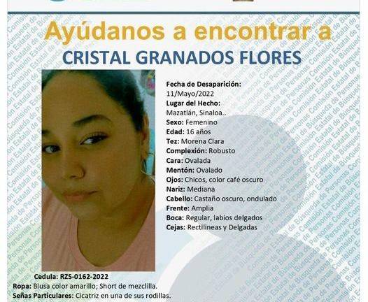 Buscan en Mazatlán a Cristal, una joven de 16 años que salió de su casa este miércoles y no regresó