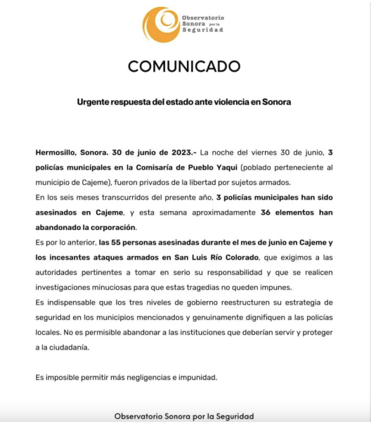 $!El Observatorio Sonora por la Seguridad condenó los hechos, así como los recientes ataques armados en San Luis Río Colorado.