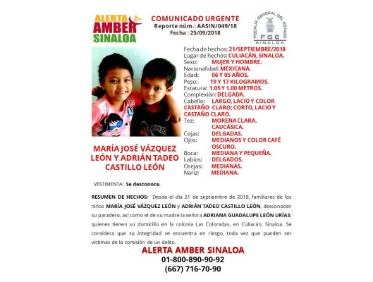 Emiten Alerta Ámber Sinaloa para localizar a dos niños de 5 y 6 años de edad