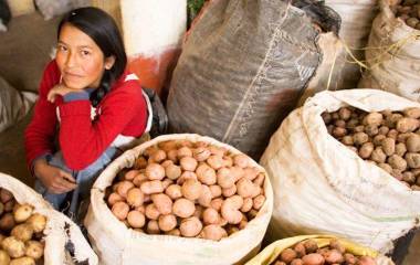 Una mujer vende papas en el mercado de alimentos de Andahuaylas, en Perú.