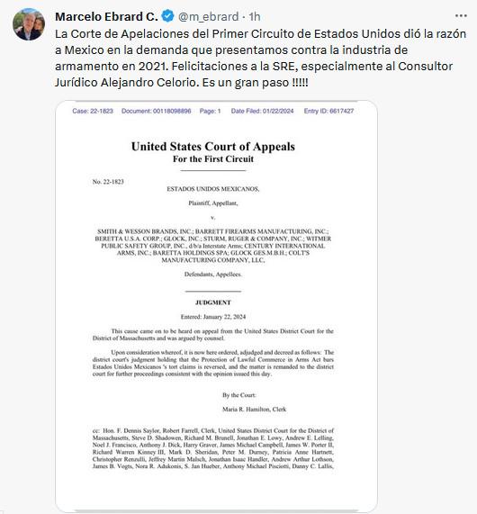 $!Corte de EU ordena revisar a fondo demanda de México contra fabricantes de armas