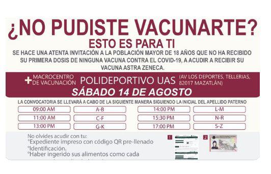 ¿Tienes 18 años o más? Acude este sábado en Mazatlán a vacunarte contra el Covid