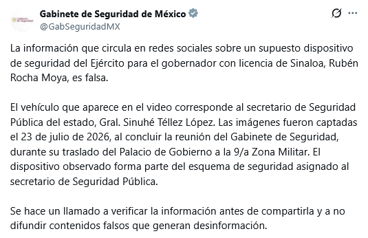 $!Señala Gabinete de Seguridad que es falsa información de dispositivo del Ejército para Rocha Moya