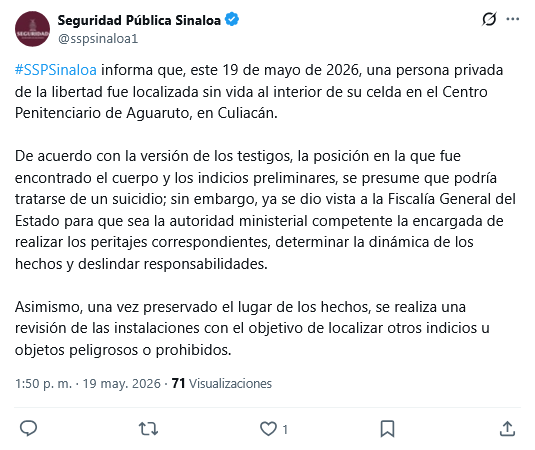 $!Localizan sin vida a interno dentro del penal de Aguaruto, en Culiacán
