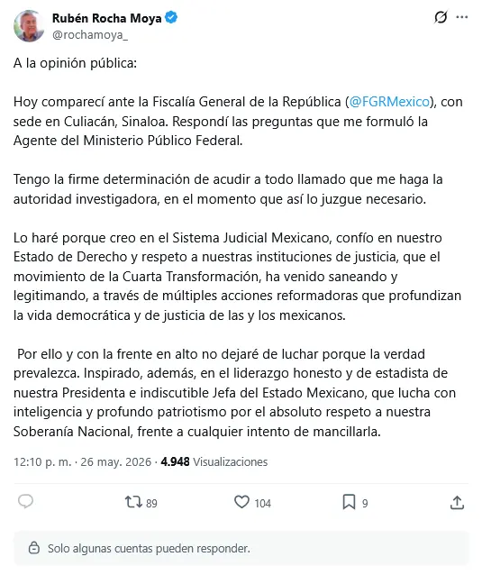 $!Rocha Moya asegura que acudió a la FGR en Culiacán y se retiró tras comparecer