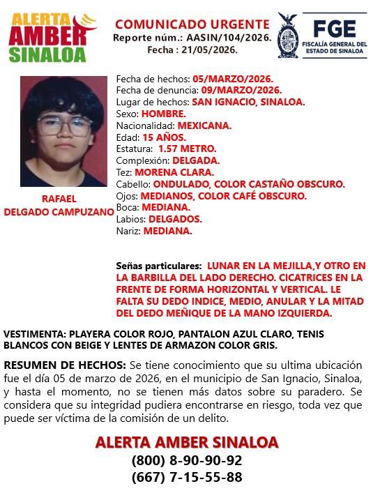 $!Activan Alerta Amber por Rafael en San Ignacio; lleva 77 días sin ser localizado