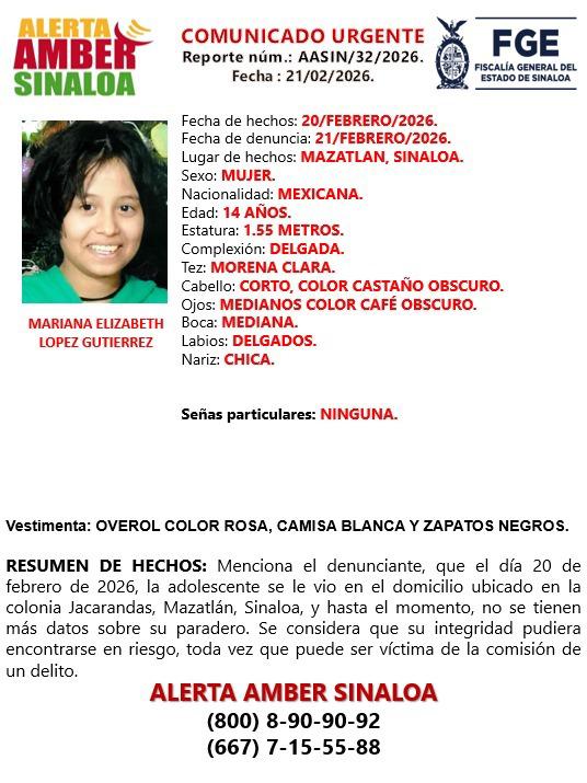 $!Piden apoyo para localizar a Mariana Elizabeth, adolescente desaparecida en Mazatlán