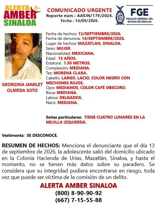 $!Activan Alerta Amber por Georgina Jamilet, niña de 13 años desaparecida en Mazatlán