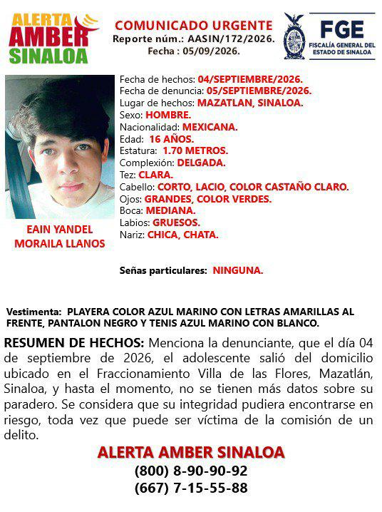 $!Buscan a Eain Yandel, adolescente de 16 años desaparecido en Mazatlán
