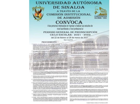 ¡Atención aspirantes!, Publica UAS Convocatoria para el periodo de preinscripción al Ciclo Escolar 2021-2022