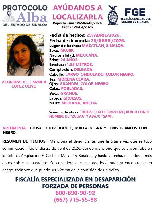$!Solicitan apoyo para localizar a Alondra del Carmen, extraviada en Mazatlán