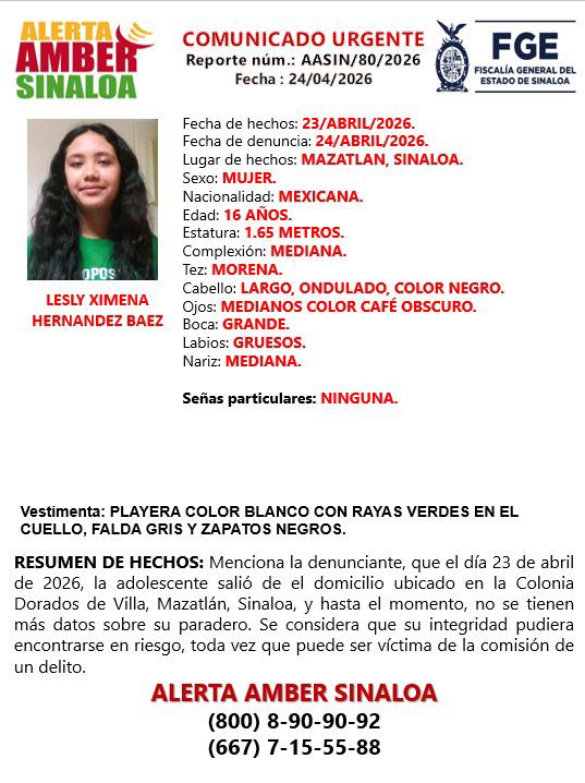$!Desaparece adolescente en Mazatlán; piden apoyo para localizar a Lesly Ximena