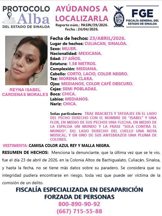 $!Activan ficha de búsqueda por Reyna Isabel, desaparecida este jueves en Culiacán