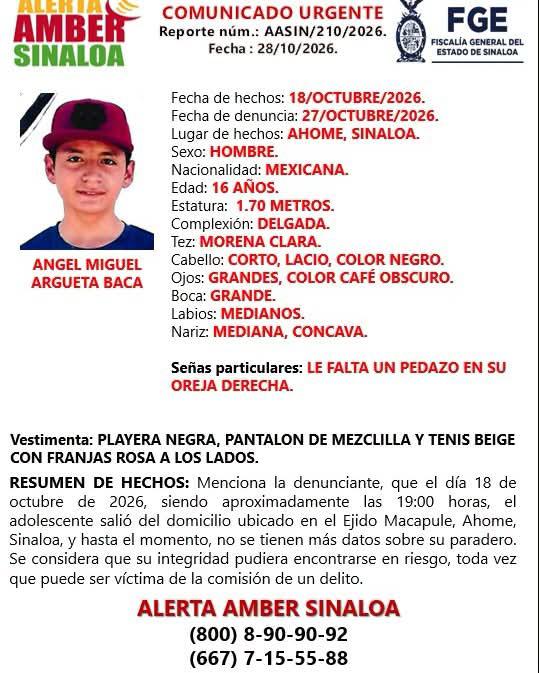 $!FGE activa Alerta Amber por la desaparición de Ángel Miguel, de 16 años, en Ahome