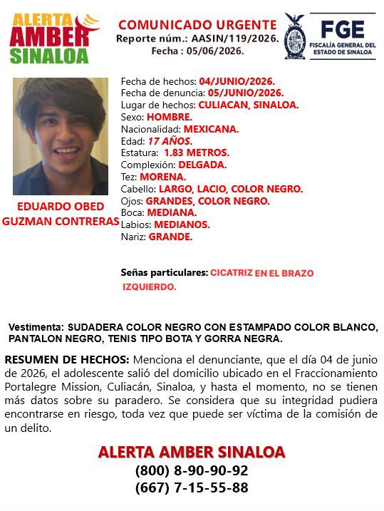 $!Solicitan colaboración para localizar a Eduardo Obed, adolescente desaparecido en Culiacán