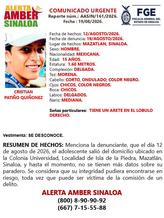 $!Cristian, de 15 años, tiene una semana desaparecido en Isla de la Piedra, en Mazatlán