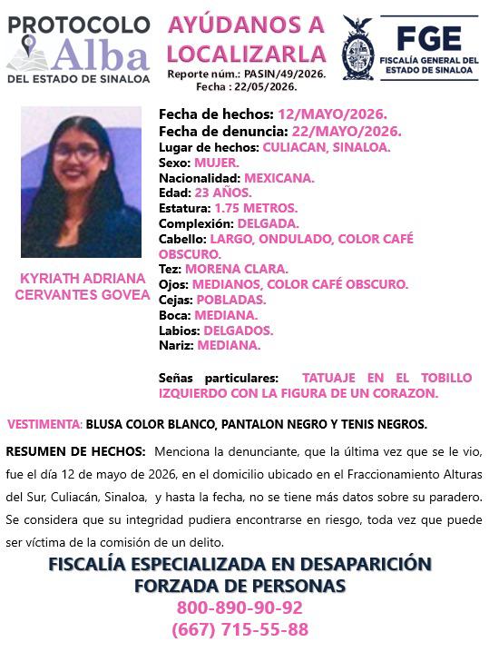 $!Kyriath Adriana tiene 10 días desaparecida en Culiacán; solicitan apoyo para localizarla