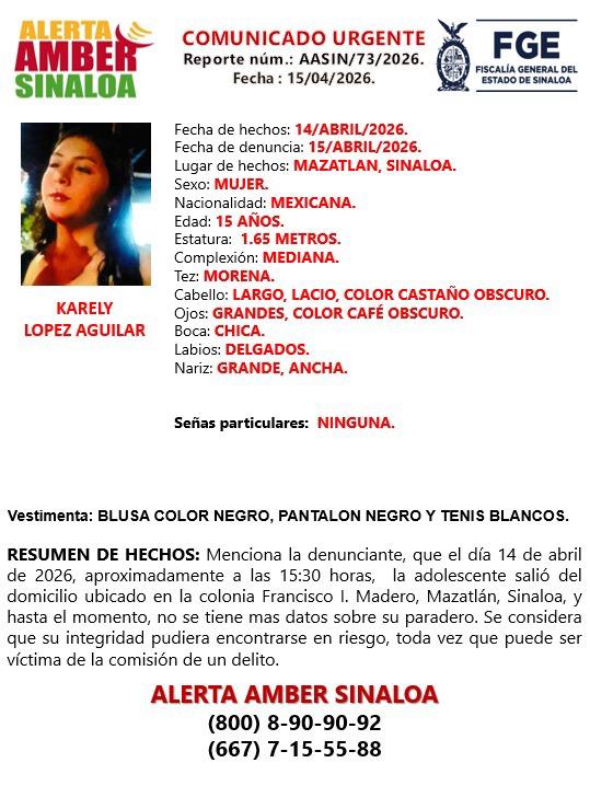 $!Desaparece adolescente en Mazatlán; activan Alerta Amber para localizar a Karely